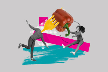 Collage of fork instead head man flying wings eat red pepper vitamins vegetable dieting lady count...