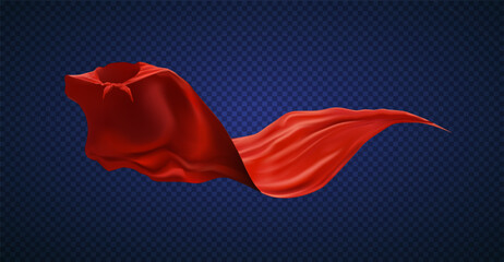 Flying red superhero cloak color vector realistic illustration. Comic character accessory 3d design on transparent background. Cartoon art