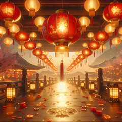 A visual extravaganza depicting the cultural richness and celebratory moments of the Chinese New Year Lantern Festival, with a focus on lantern-lit traditions.