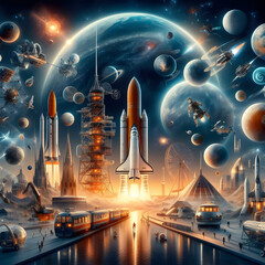 An artistic representation capturing the spirit of celestial adventures, featuring cosmic wonders, rockets, and the awe-inspiring beauty of outer space.