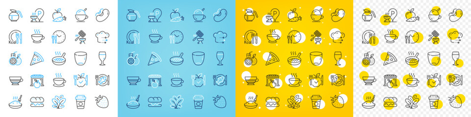 Naklejka na ściany i meble Vector icons set of Burger, Grill basket and Ice cream line icons pack for web with Porridge, Coffee cup, Grill place outline icon. Pizza, Food delivery, Food time pictogram. Vector