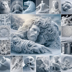 A visual symphony portraying the frozen artistry of snow sculpting, bringing together sculptures from various cultures and showcasing the creativity of artists worldwide.