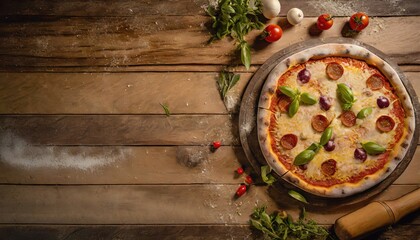 Obraz na płótnie Canvas Copy Space image of Pizza Margherita on wooden background, Pizza Margarita with Tomatoes,