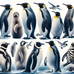 An art collage combining images of various penguin species with conservation messages, aiming to raise awareness about the challenges they face.