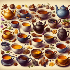 A cozy illustration featuring different types of tea, cups, and teapots from around the world, celebrating the warmth and comfort of tea on International Hot Tea Day.