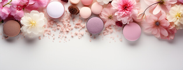 Top photograph flat lay view of wide colorful pink cosmetic items flowers and powders lay in manner with white background