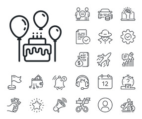 Birthday events sign. Salaryman, gender equality and alert bell outline icons. Cake line icon. Party celebration symbol. Cake line sign. Spy or profile placeholder icon. Online support, strike. Vector