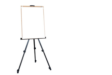 Wooden easel with blank canvas on white isolated background for mockup design. space for text.
