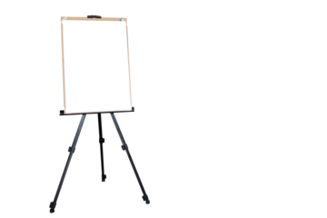 Wooden easel with blank canvas on white isolated background for mockup design. space for text.