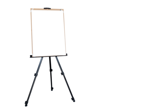 Wooden easel with blank canvas on white isolated background for mockup design. space for text.