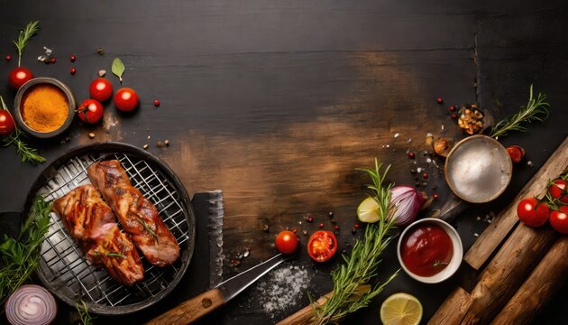 Copy Space image of Tasty fried food - barbecue ribs, tasty fried meat