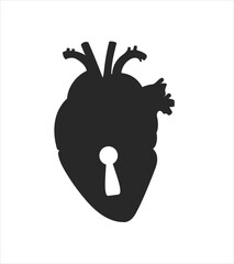 Anatomical heart padlock black silhouette with keyhole. Flat icon simple illustration.