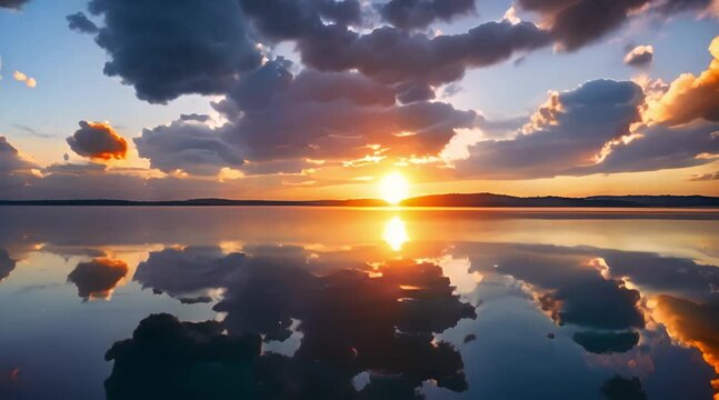 An animation of a bright sunset over a calm lake, with colorful reflections sparkling on the water