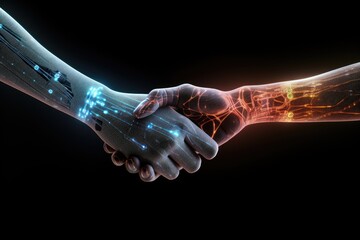Computer generated illustration human hands handshake, medical object, computer code, neon, hologram, artificial intelligence, cyborg, digital art sci-fi, medtech, ai futuristic business gesture