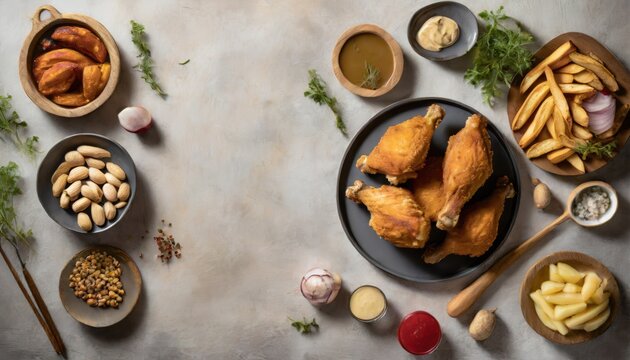 Copy Space image of Breaded chicken drumstick, leg, wing and breast tenders strips. Dark Wooden background.