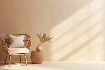 Earthy Empty beige wall mockup with copy space in boho room interior with armchair and plant vase. Natural daylight from a window. Product Promotion background. Generative ai.