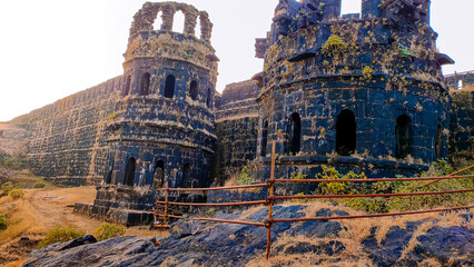 fallen building architecture on the raigad fort in maharashtra in india.
