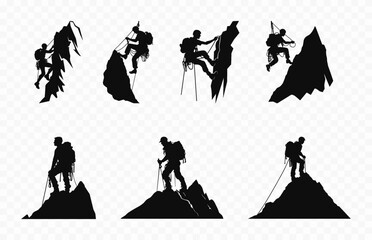 Alpinists Climbers Silhouettes Collection, Alpinist Climber Silhouette in different poses Set, Mountain climbing Vector silhouette - obrazy, fototapety, plakaty