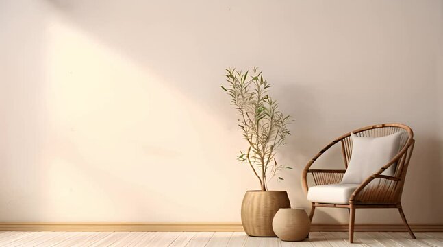 beige wall in the interior of the room with chairs and vases. Natural sunlight from the window