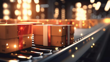 Closeup of cristmas gift box packages seamlessly moving along a conveyor belt in a warehouse. Cardboard, Gift, Christmas light concept.