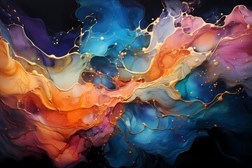 A fusion of metallic liquid colors intertwining and merging, resulting in a captivating abstract wallpaper - obrazy, fototapety, plakaty