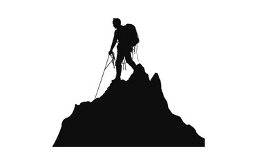 A Silhouette of Alpinist Climbing black Vector, Alpinist Climber Vector Silhouette isolated on a white background - obrazy, fototapety, plakaty