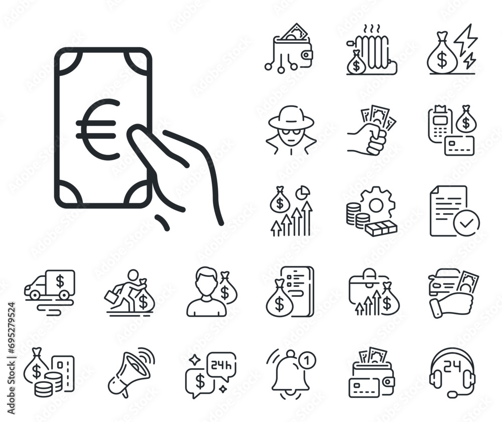 Wall mural Banking currency sign. Cash money, loan and mortgage outline icons. Hold Cash money line icon. Euro or EUR symbol. Finance line sign. Credit card, crypto wallet icon. Inflation, job salary. Vector