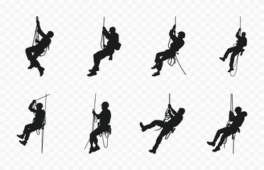 Rappelling Silhouettes Vector Set, Rappel Climbing Silhouette Clipart in different poses - obrazy, fototapety, plakaty