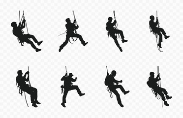 Rappelling Climbing Silhouette Vector Set, Rappel Silhouettes Clipart collection - obrazy, fototapety, plakaty