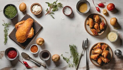 Copy Space image of Breaded chicken drumstick, leg, wing and breast tenders strips. Dark Wooden background.