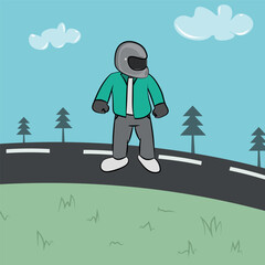 Vector helmet-man standing on the road illustration design