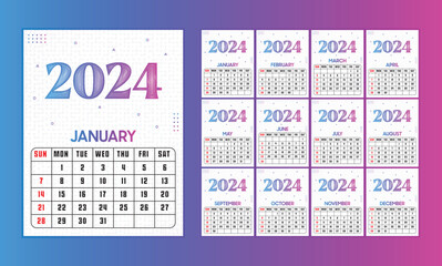 calendar 2024 week starts Sunday corporate design template vector.