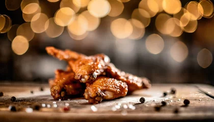 Foto op Canvas Copy Space image of Grilled chicken wings with sauces on a wooden board. Traditional baked bbq buffalo wing on bokeh background. © ImagineWorld