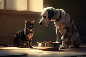 Best friends cat and dog. A bowl of food in front of them.