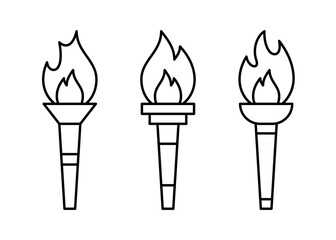 Olympic torch with fire, line icon set. Burning Olympic torch symbol of sport games. Competition of athletes in sport for winning champion. Flame of victory. Vector outline