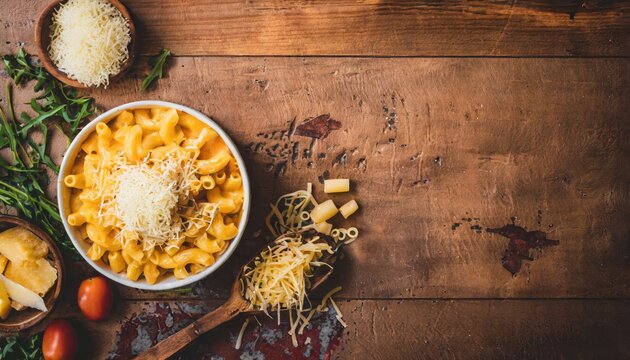 Copy Space image of Macaroni and Cheese, Pasta combined with a creamy cheese sauce.
