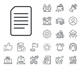 Information File sign. Salaryman, gender equality and alert bell outline icons. Document Management line icon. Paper page concept symbol. Document line sign. Spy or profile placeholder icon. Vector