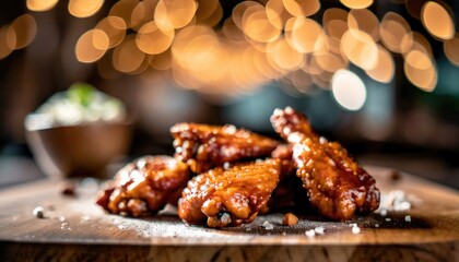 Copy Space image of Grilled chicken wings with sauces on a wooden board. Traditional baked bbq buffalo wing on bokeh background.