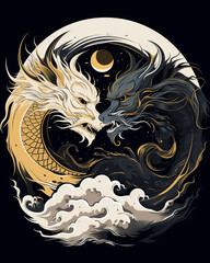 Chinese dragons yin yang silhouette - obrazy, fototapety, plakaty
