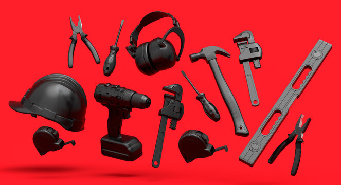 Flying view of monochrome construction tools for repair on red background