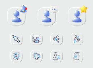 Reward, Approved phone and Water analysis line icons. Placeholder with 3d star, reminder bell, chat. Pack of Remove account, Atm, Communication icon. Outsourcing, Mouse cursor pictogram. Vector