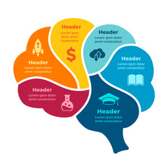 Human Brain Infographic. Biology, Anatomy or Psychology logo. Educational Template. Medicine and Science concept. Critical thinking. Vector illustration. Creative diagram 6 parts steps options