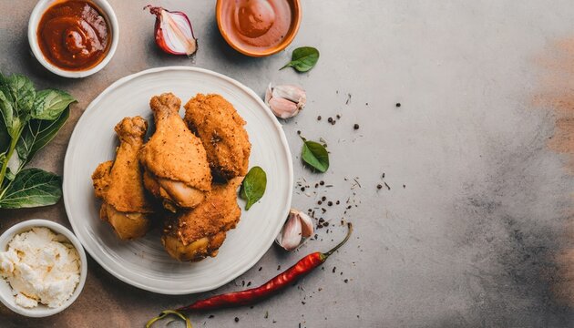 Copy Space image of crunchy Baked Chicken Tenders on a plate with tomato sauce, flat lay