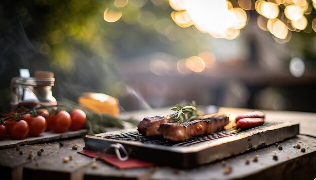 Copy Space image of Barbecue grilled and sliced wagyu Rib Eye beef meat steak on a plate with smoke on bokeh background.