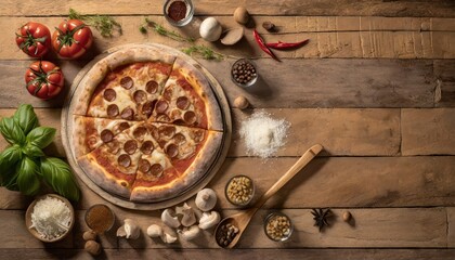 Copy Space image of Delicious pizza margarita with mozzarella on dark wooden