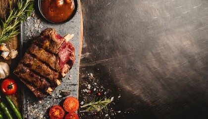 BBQ Grilled rib eye steak, fried rib eye beef meat on a plate with green salad. Dark background.