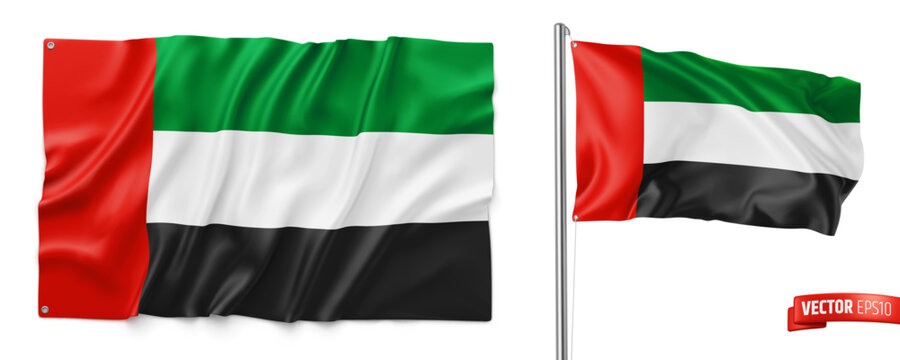 Vector realistic illustration of United Arab Emirates flags on a white background.
