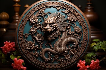 Close-up Wooden Dragon Symbol of 2024 Horoscope, Traditional Chinese Zodiac Animal Carving