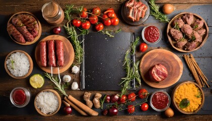 Fototapeta na wymiar Barbecue menu. Grilled meat and vegetables on rustic wooden table