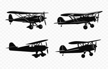 Biplane Silhouette Vector art Set, Bi planes black silhouette clipart Bundle